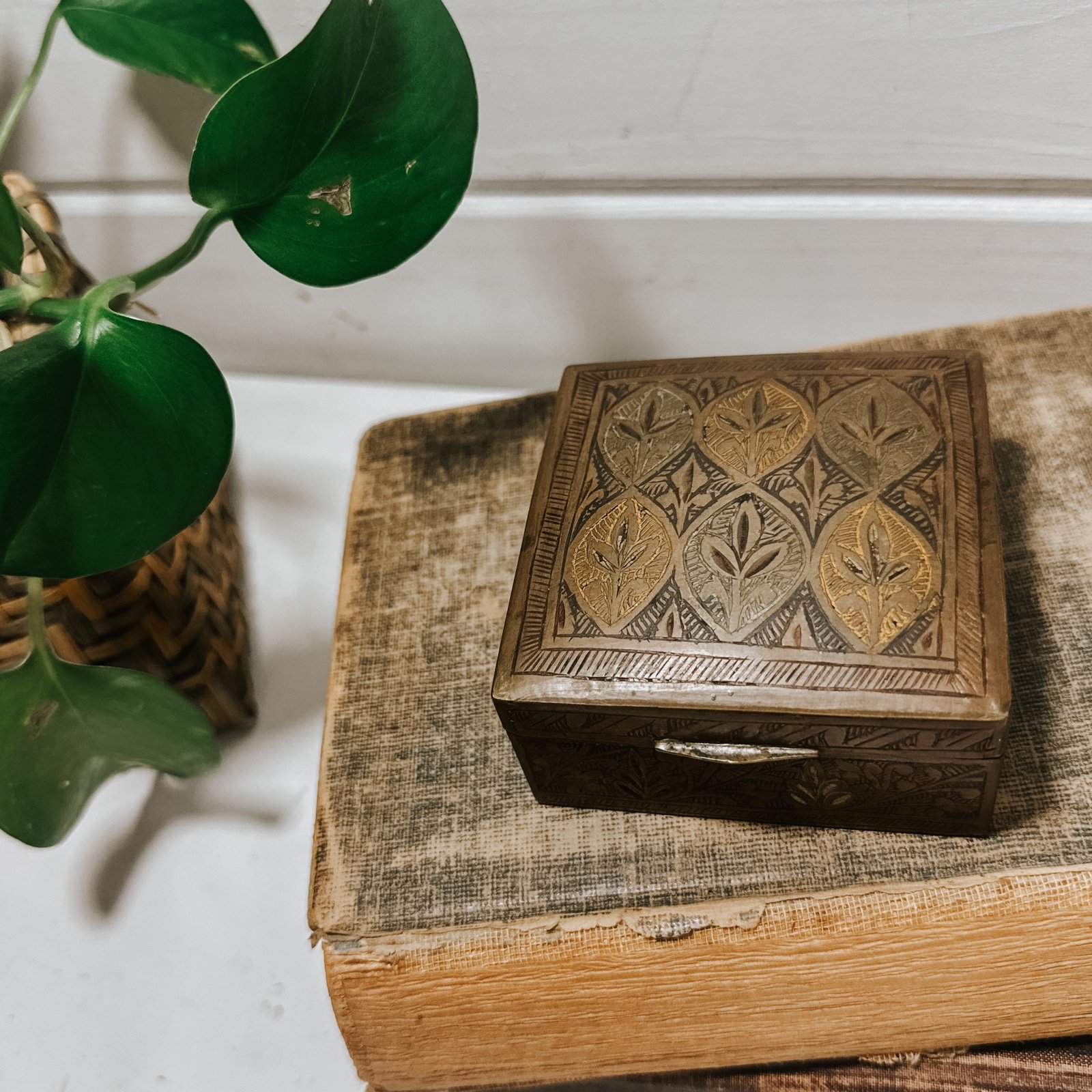 Vintage Brass Enamel Square Trinket Box | Jewlery Box