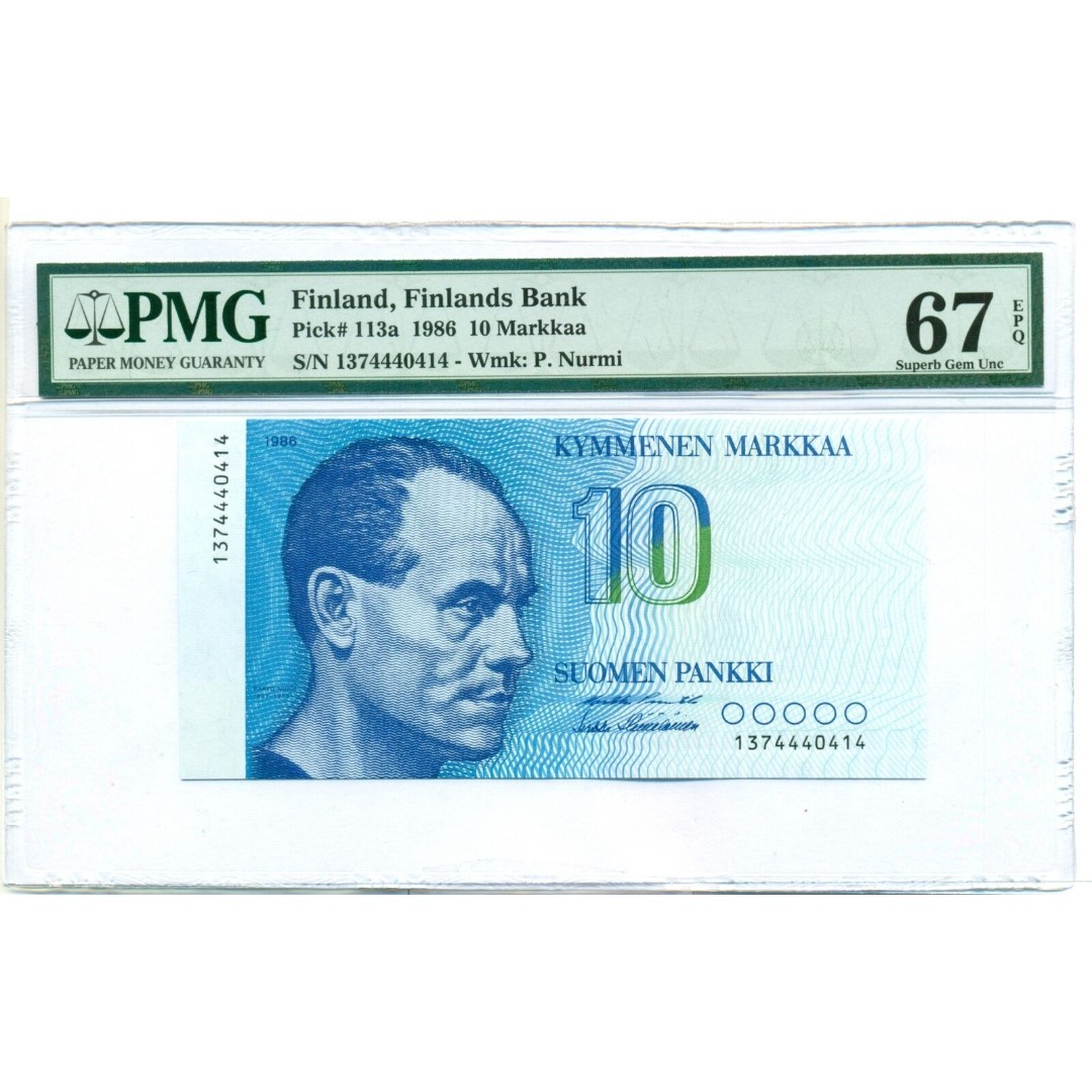 Finland 1986 10 Markkaa Bank Note Superb Gem Unc 67 EPQ PMG