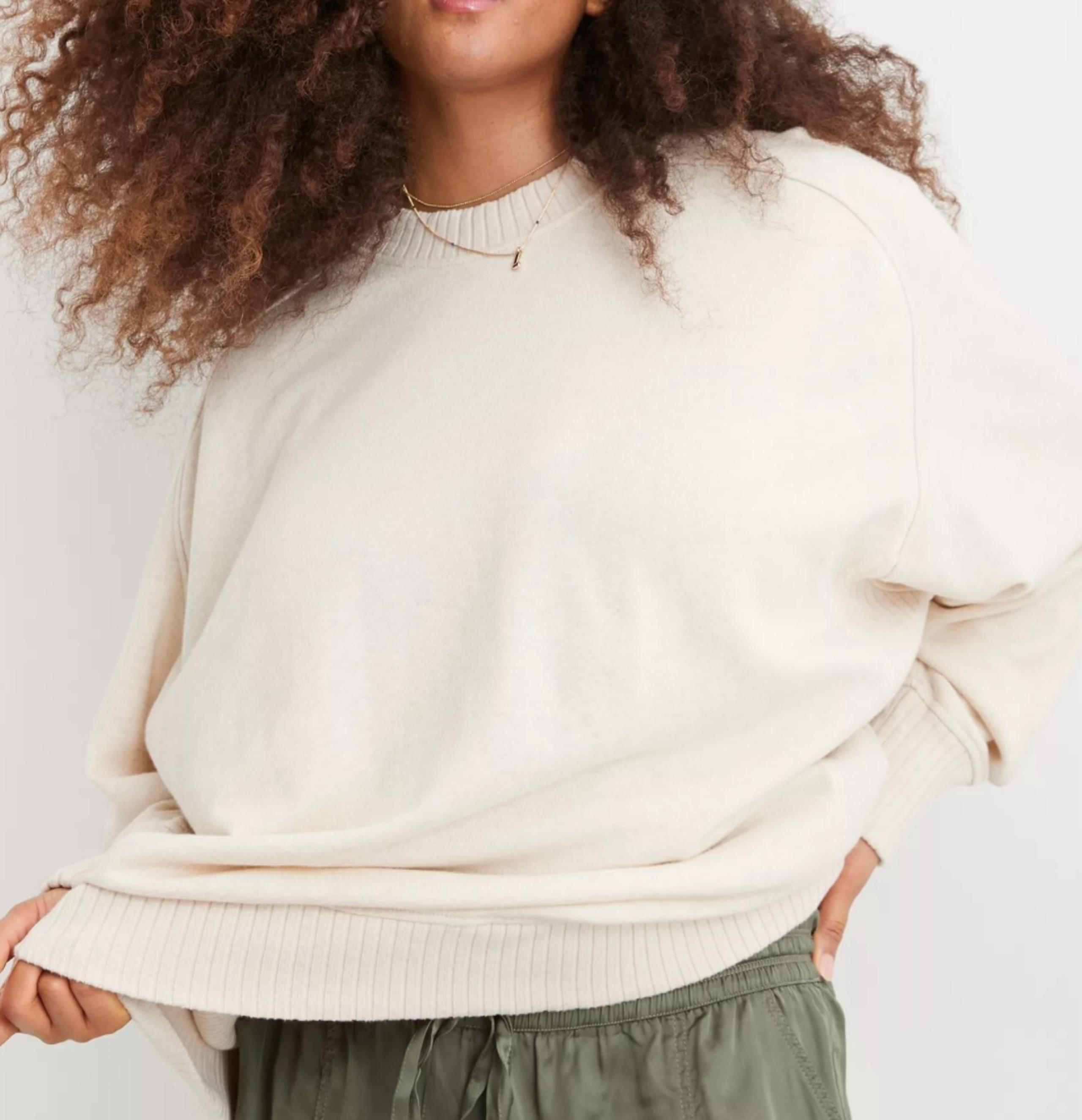 Aerie Sweater Pullover Long Sleeve Women’s Large Crew Neck Ribbed Wide Beige