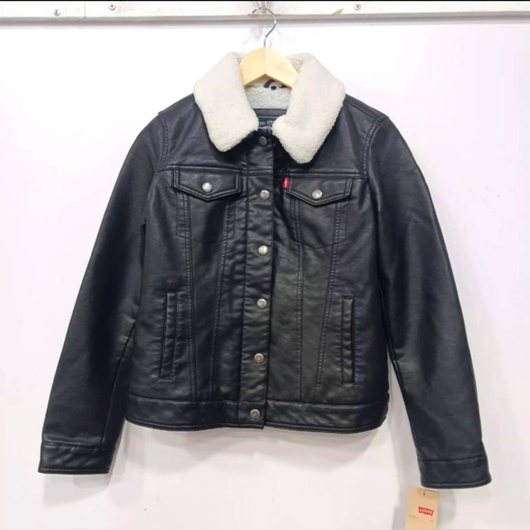 NEW Levi's Black Trucker Faux Leather Sherpa Fleece Jacket Women's Size S