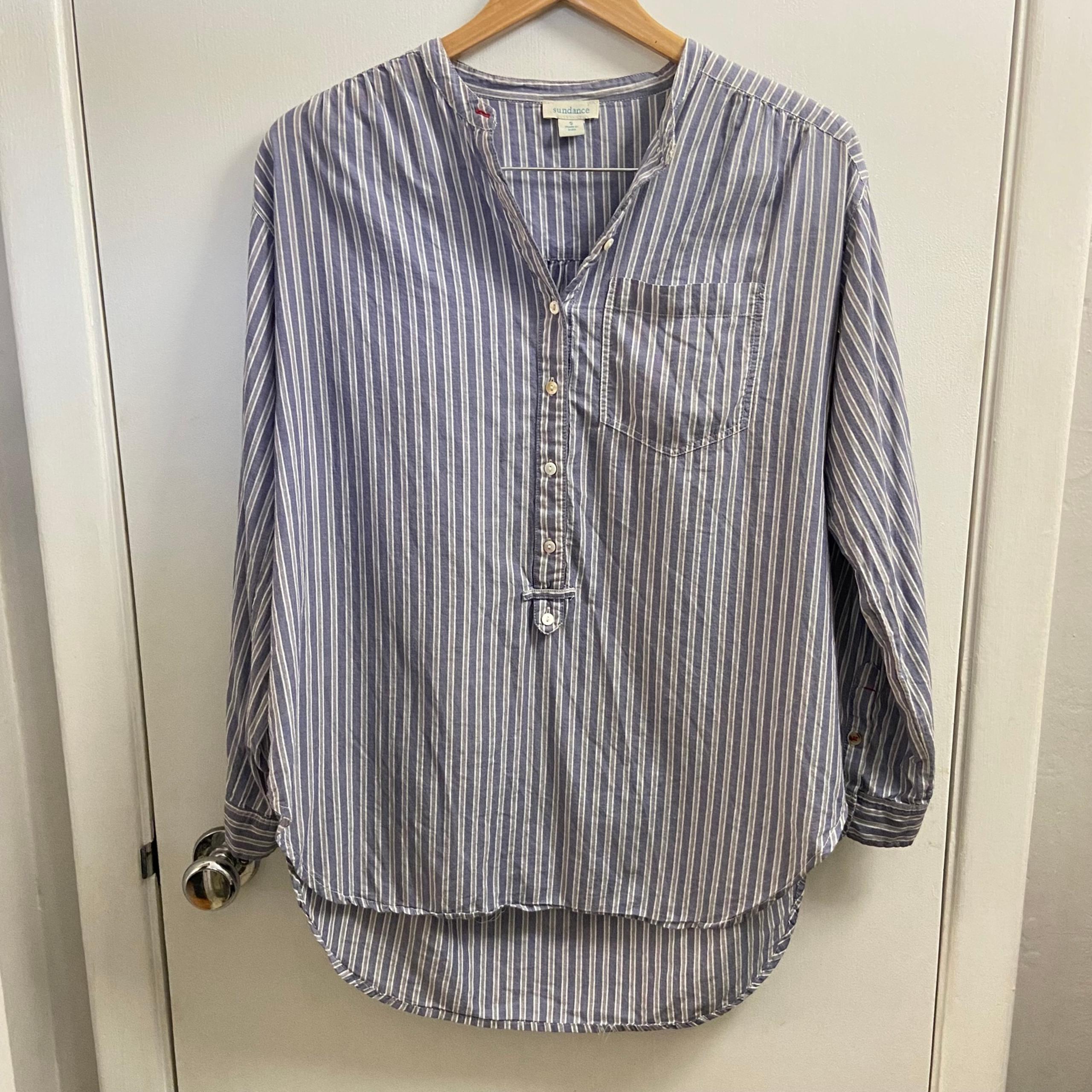 Sundance Blue & White Striped Cotton Popover Tunic Blouse Top Size Small Boho