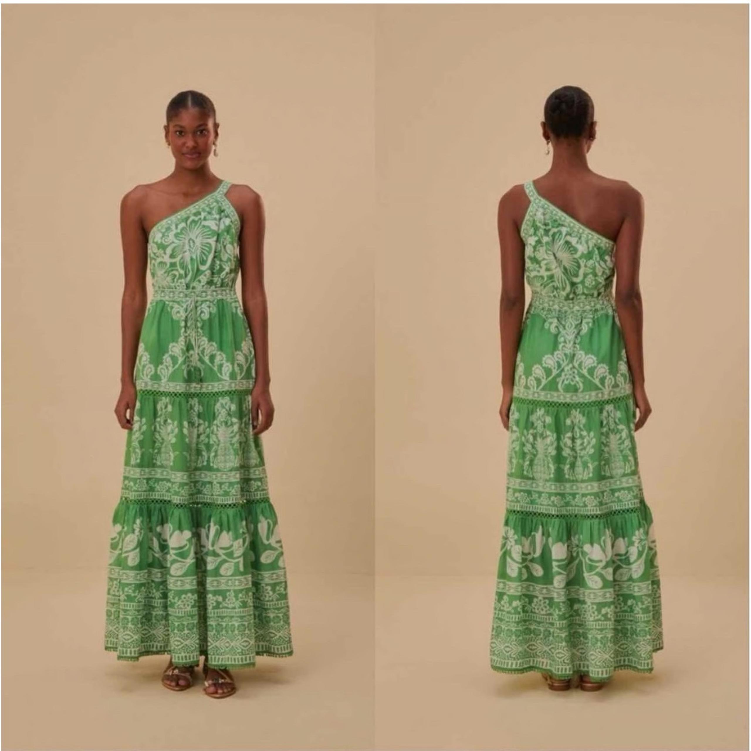 Farm Rio Sweet Green Garden White Floral Oe Shoulder Maxi Dress ; Size Small