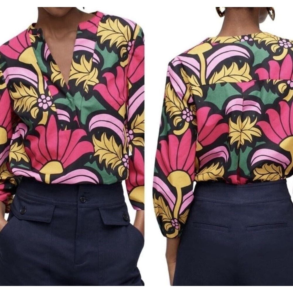 J. Crew Womens Open V-Neck Cotton Poplin Ratti® grandi fiori Top Sz Small Floral