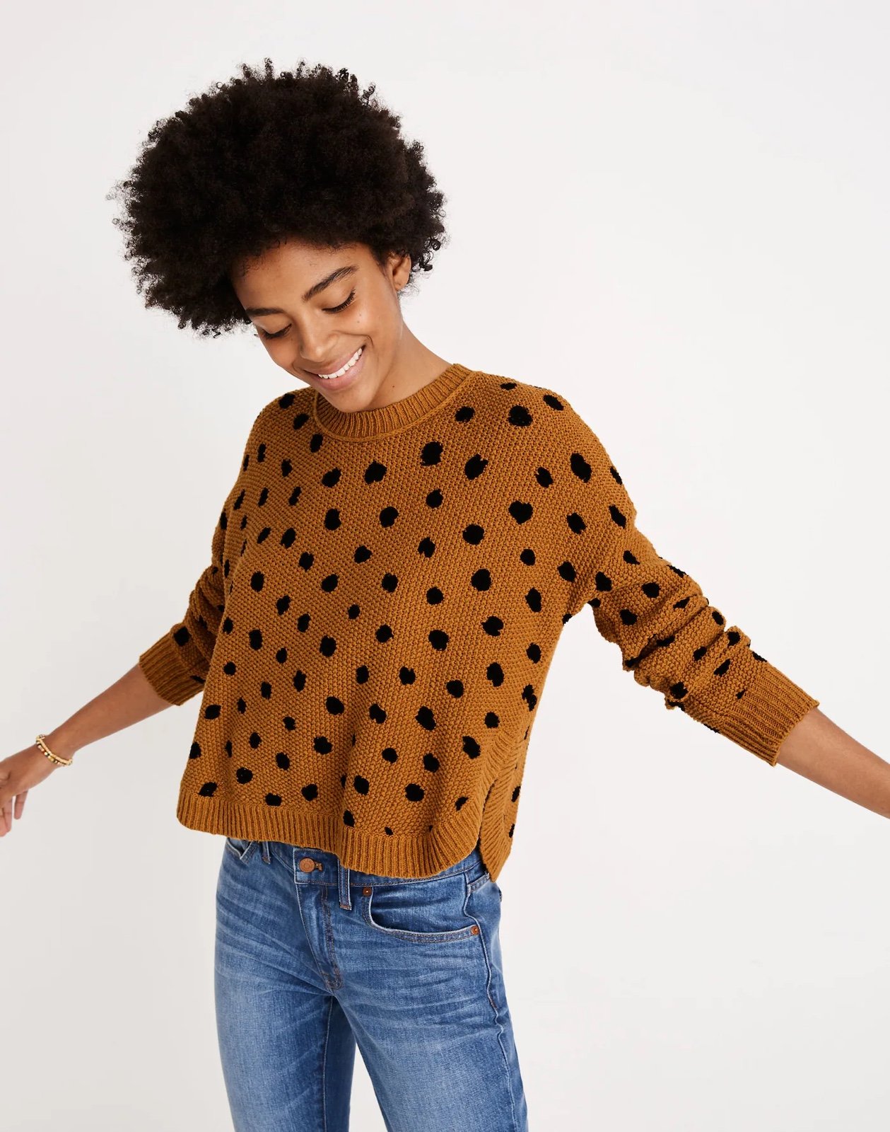 NWT Madewell Painted Spots Pullover Sweater Crewneck Women’s XS Gold Polkadots