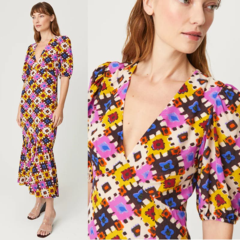 NWT Rhode Half Sleeves Ester Geometric V-Neck Midi-Dress Aquarelle