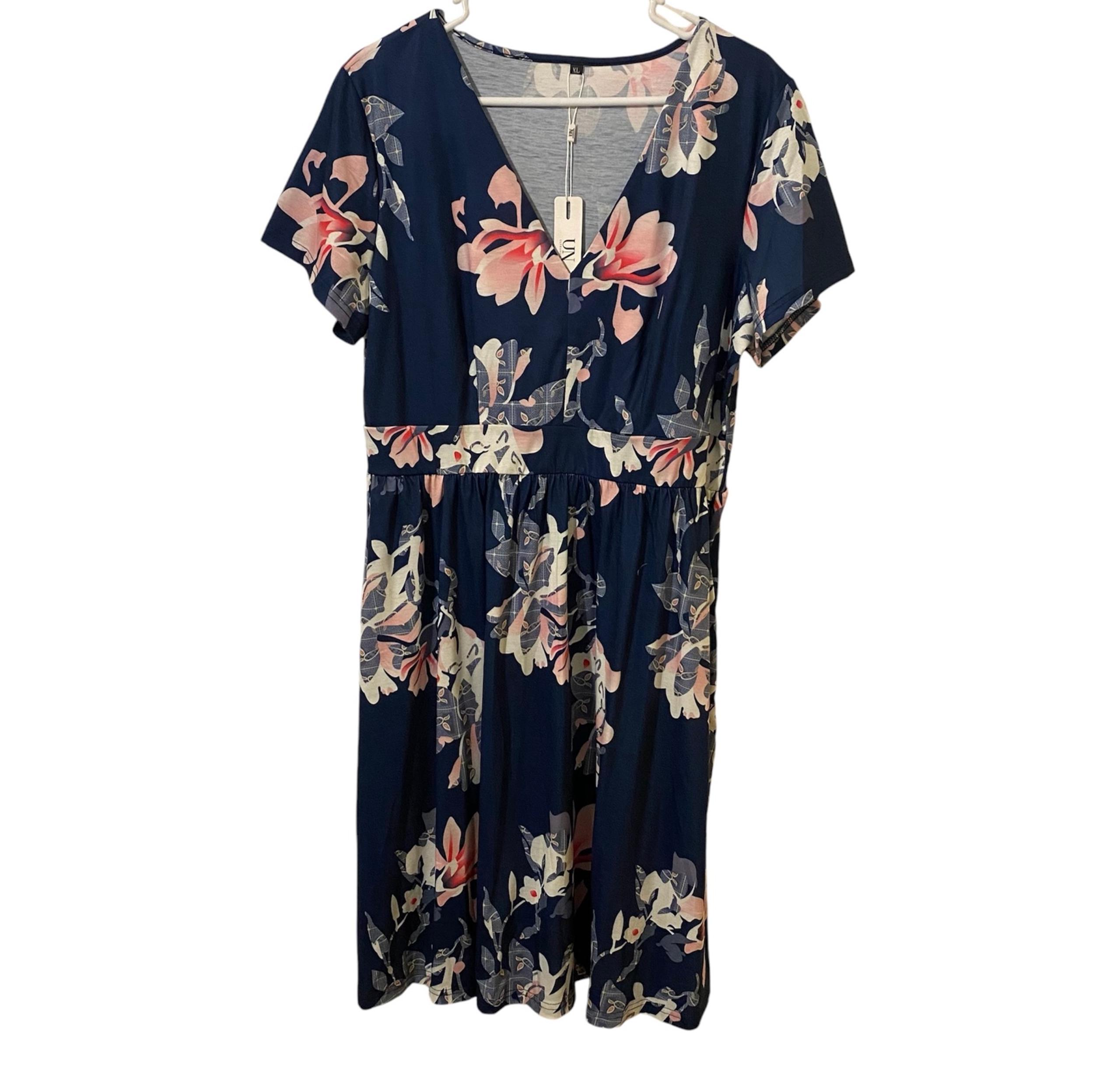 Ultranice Womens Navy Dress Sz XL Floral VNeck Pockets Business Casual Pink Flaw
