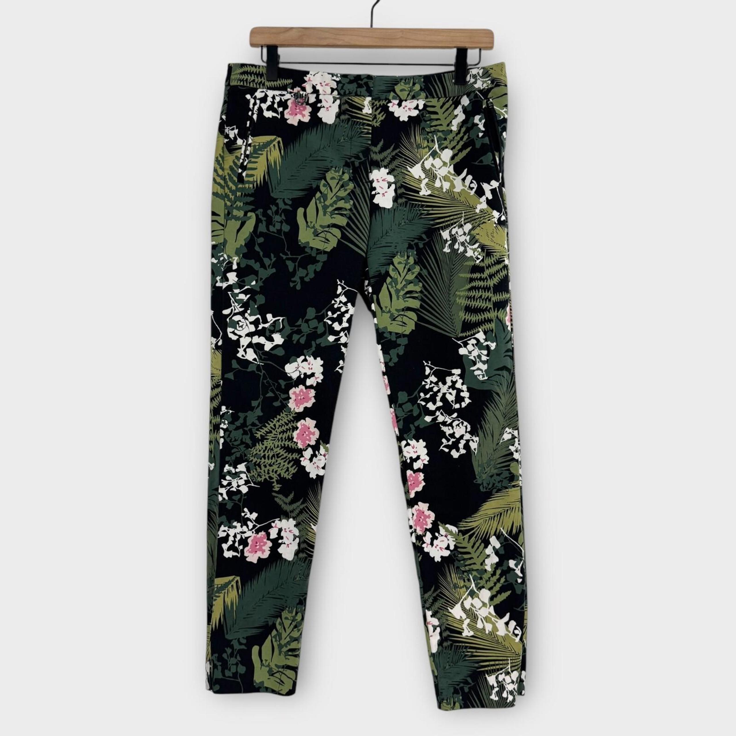 Adrianna Papell Womens Size 6 Green Tropical Floral Print Cotton Blend Pants