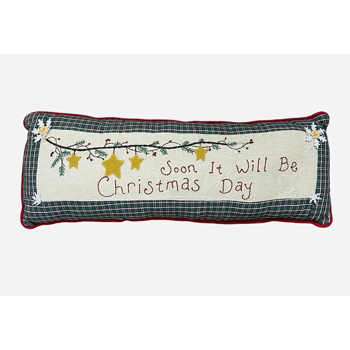 Vintage Soon It Will Be Christmas Day Pillow 21 x 8 Plaid Embroidered Rustic