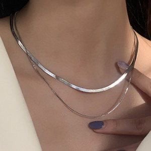 NEW Silver Flat Herringbone Snake Chain Double Layer Necklace