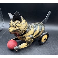 Rare Vintage 1930's Marx Tin Litho Friction Black Tabby Cat with Ball Works!