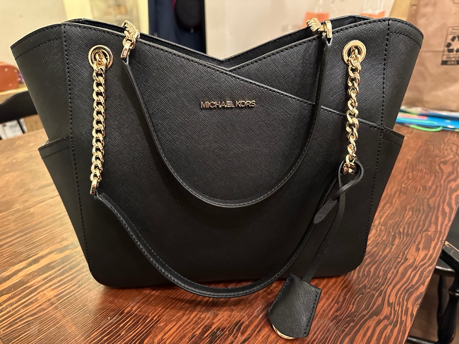 Michael Kors Black Jet Set Pocket Leather Tote Bag