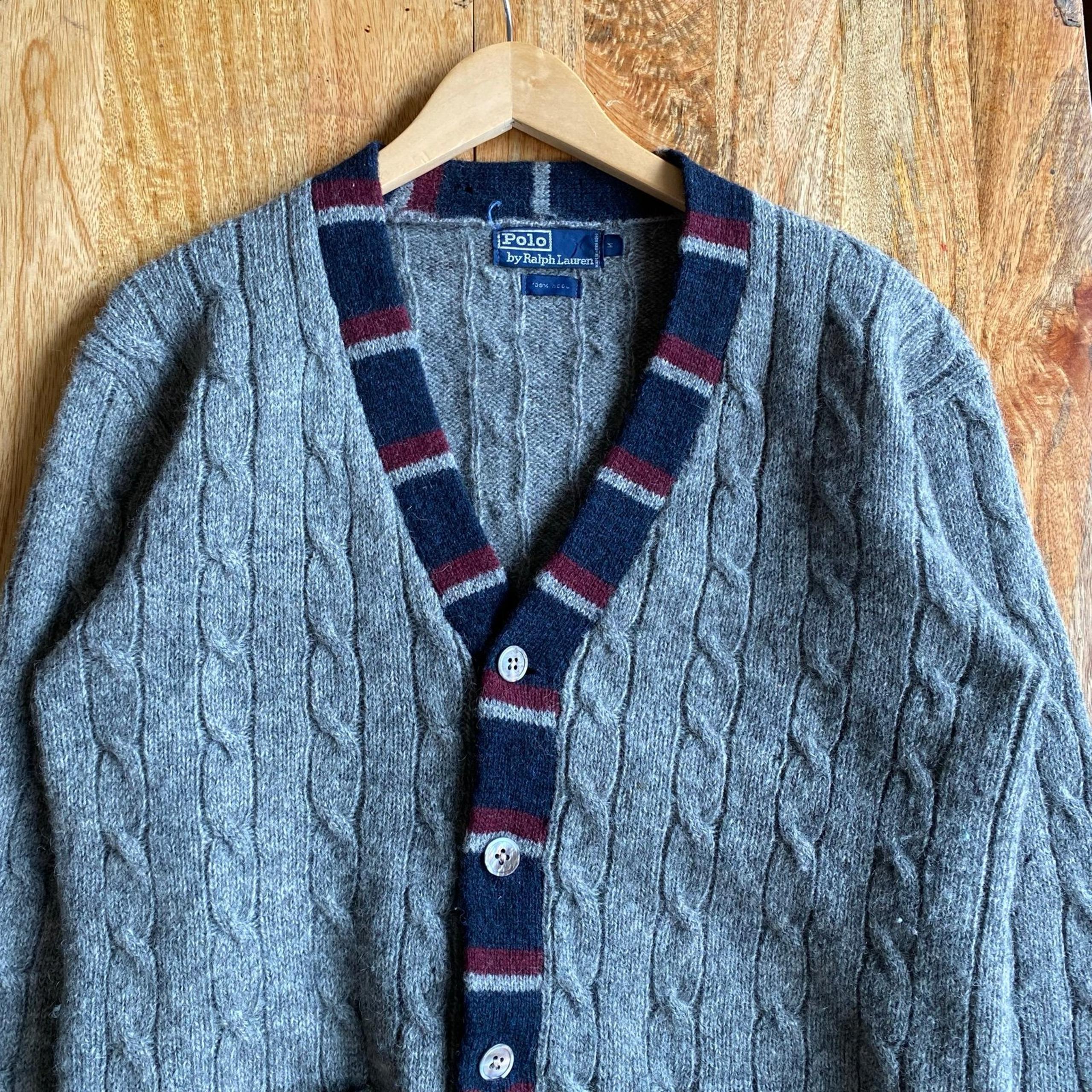 Vintage 90s Ralph Lauren POLO 100% Wool Cardigan Grey  Grandpa Size M
