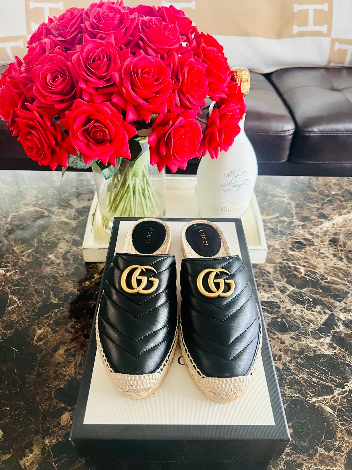 Authentic Gucci Double G Espadrille 'Black Leather