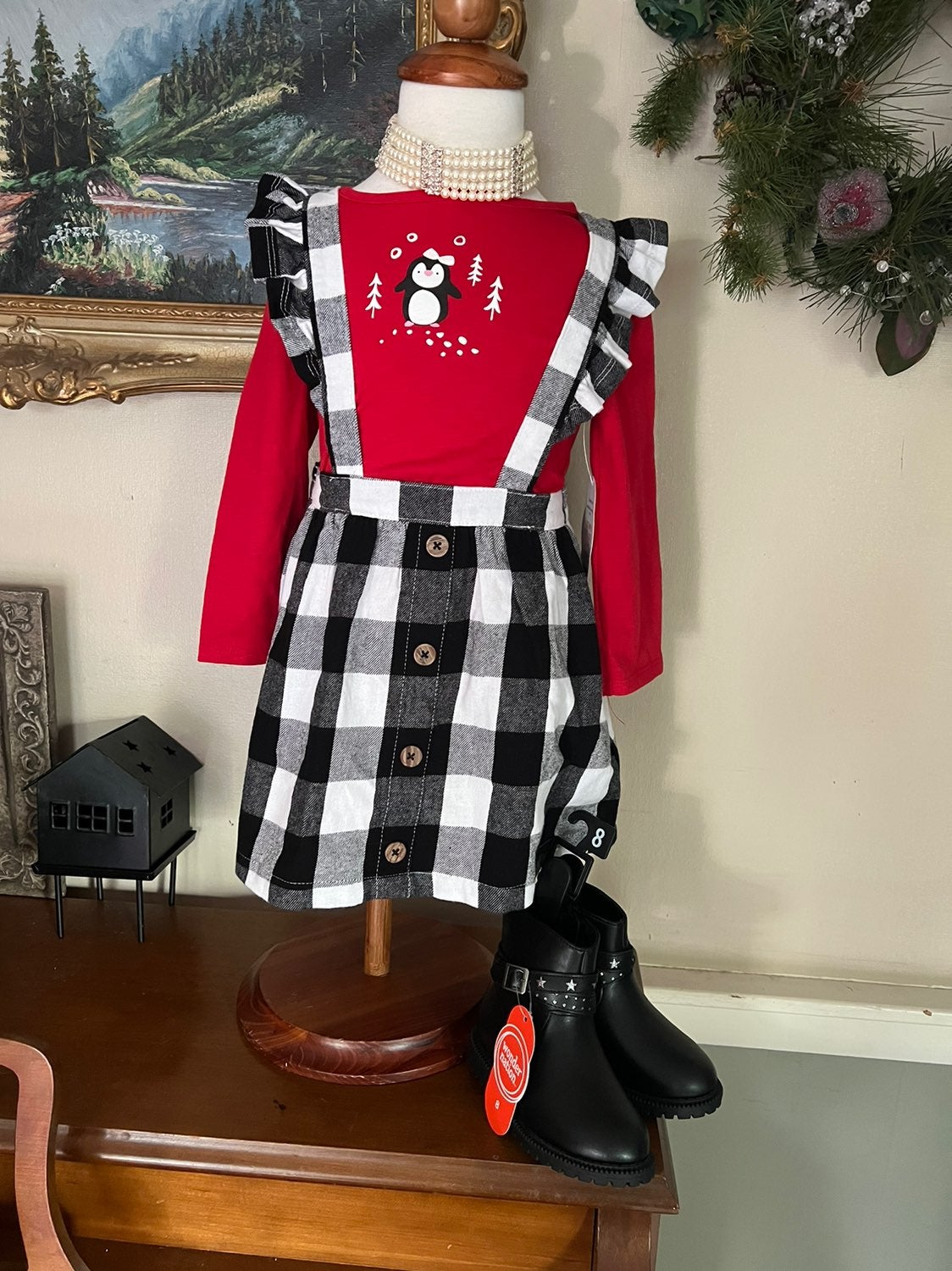 Pinafore Penguin Gingham Dress 3 Piece Set NWT