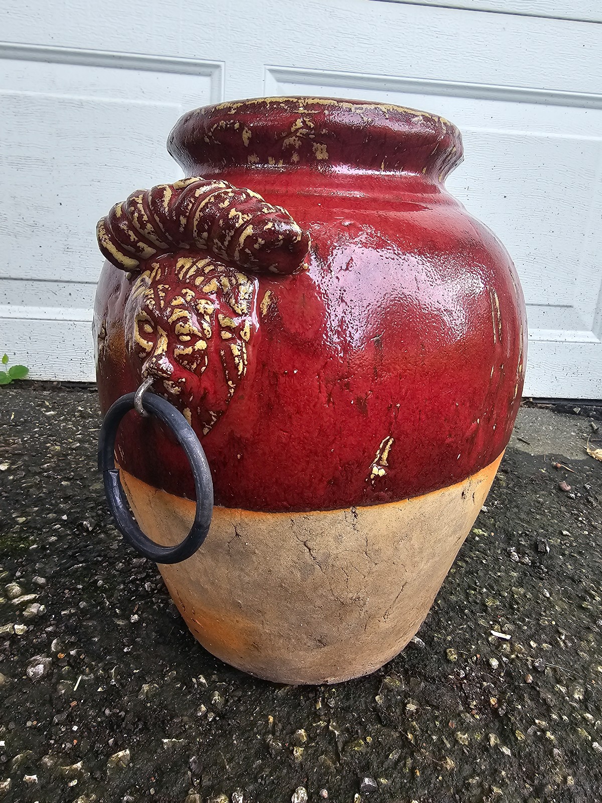 Antique lions head vase, semi glazed pot, classic home decor