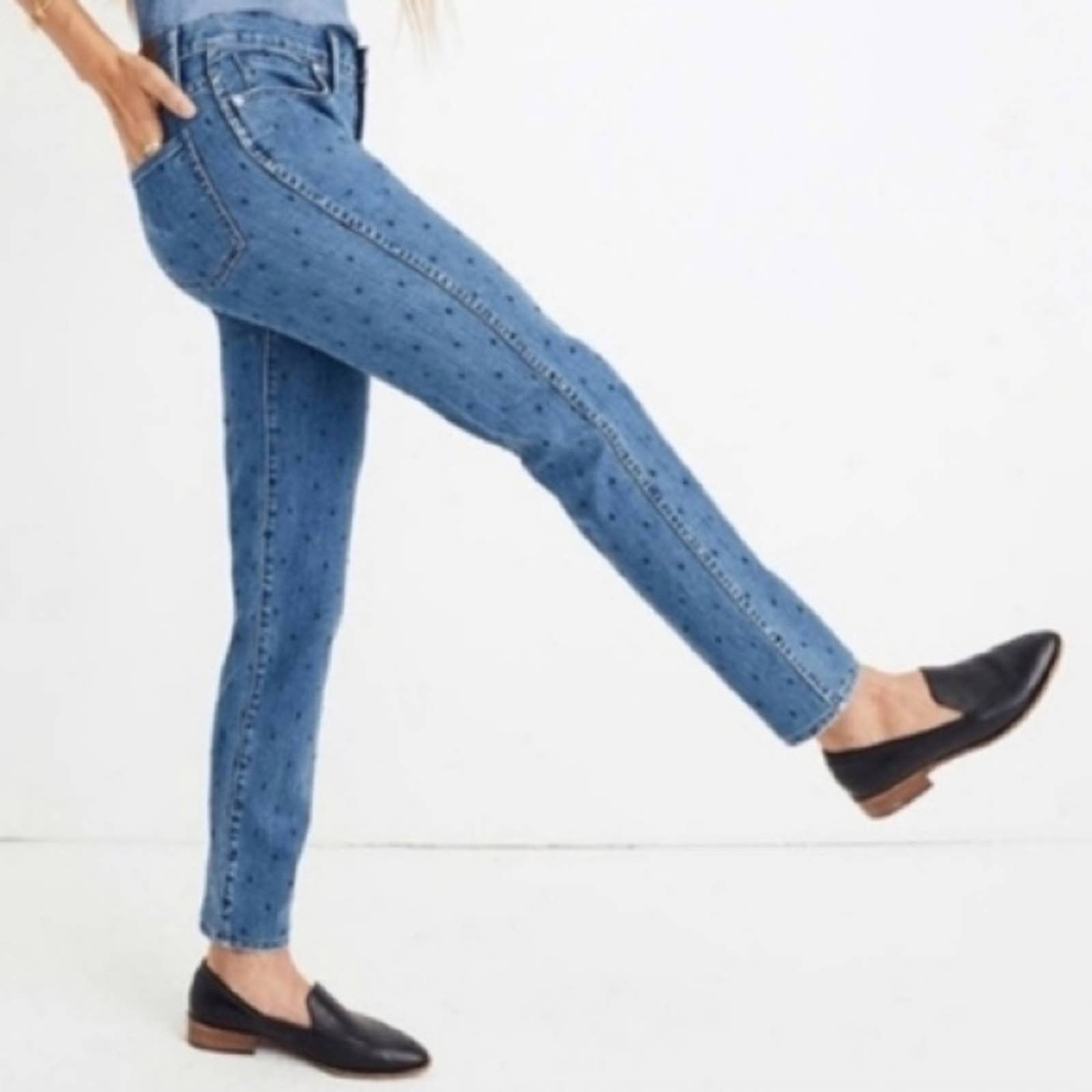 Madewell Slim Straight Embroidered Navy Dots Jeans - Size 29