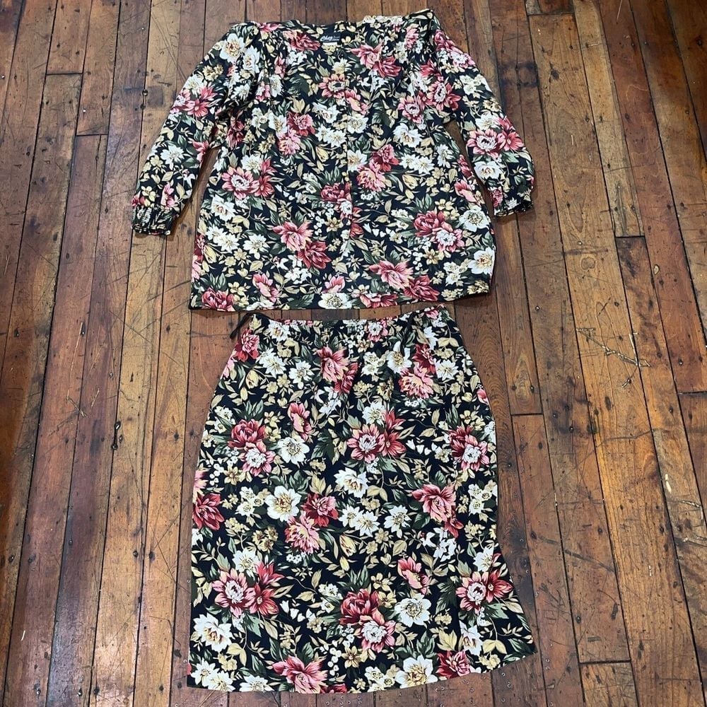 Vintage Chez Tandy Floral Flower 2 Piece Skirt Suit Woman's 18 W Multicolor