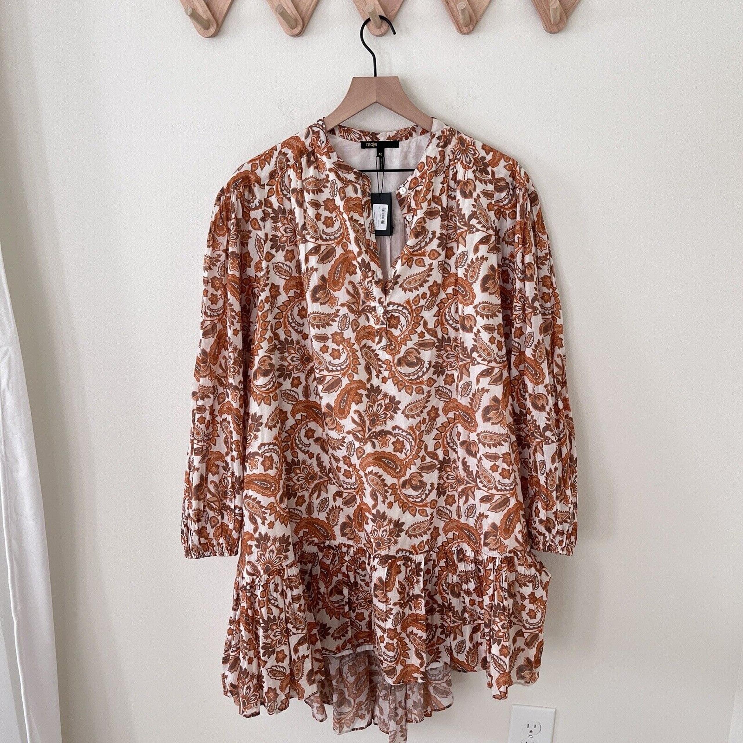 NWT Maje Oversized Paisley Dress Orange Fall Autumn Size 40/ 8 - 25" Pit To Pit
