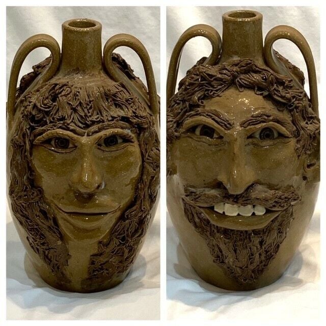 Double-Sided Sandy Cole North Cole Pottery Sandford, NC Woman-Man Face Jug