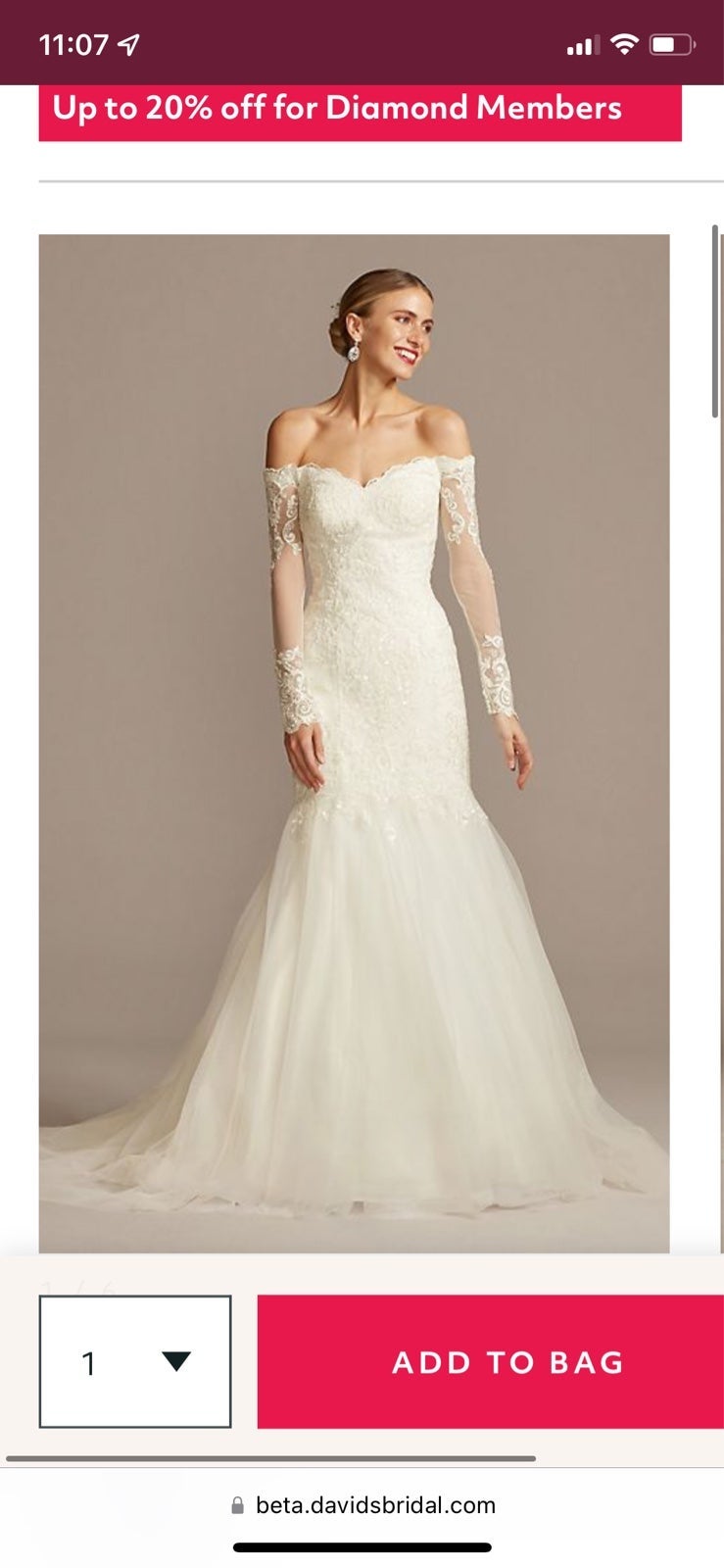 long sleeve off-the-shoulder trumpet wedding dress