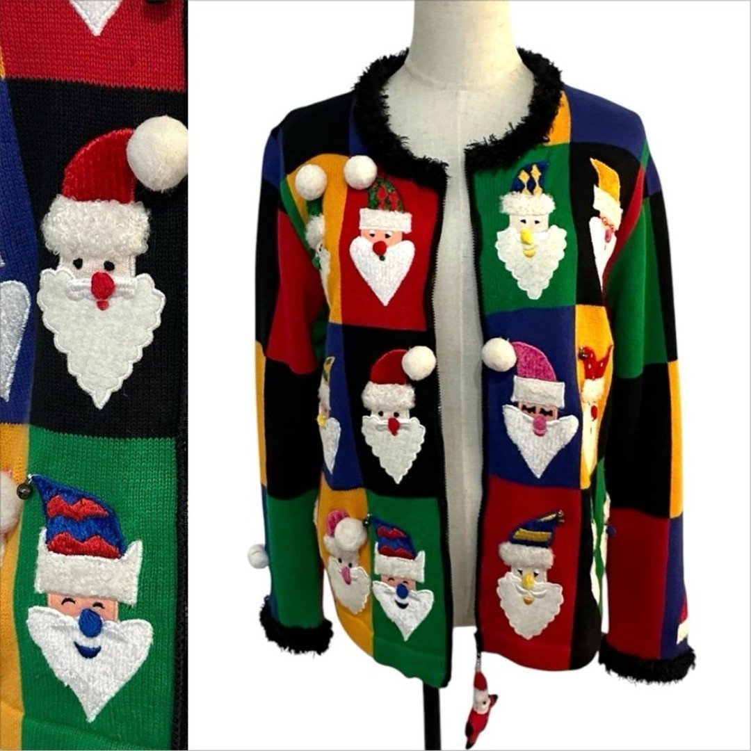 Vtg Berek Ugly Christmas Cardigan Sweater Size M Zip Santa Patchwork Whimsical