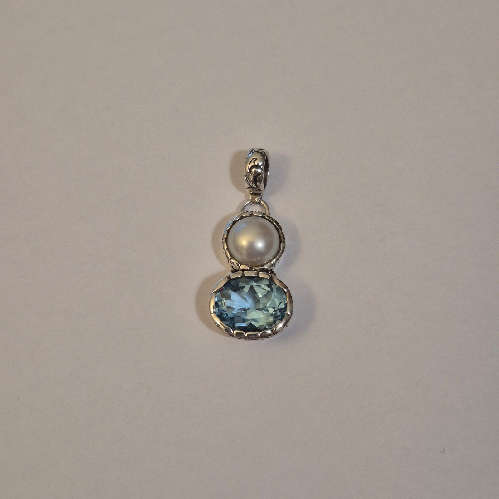 Janice Girardi 925 Sterling Silver Blue Topaz & Pearl Pendant Bali Style