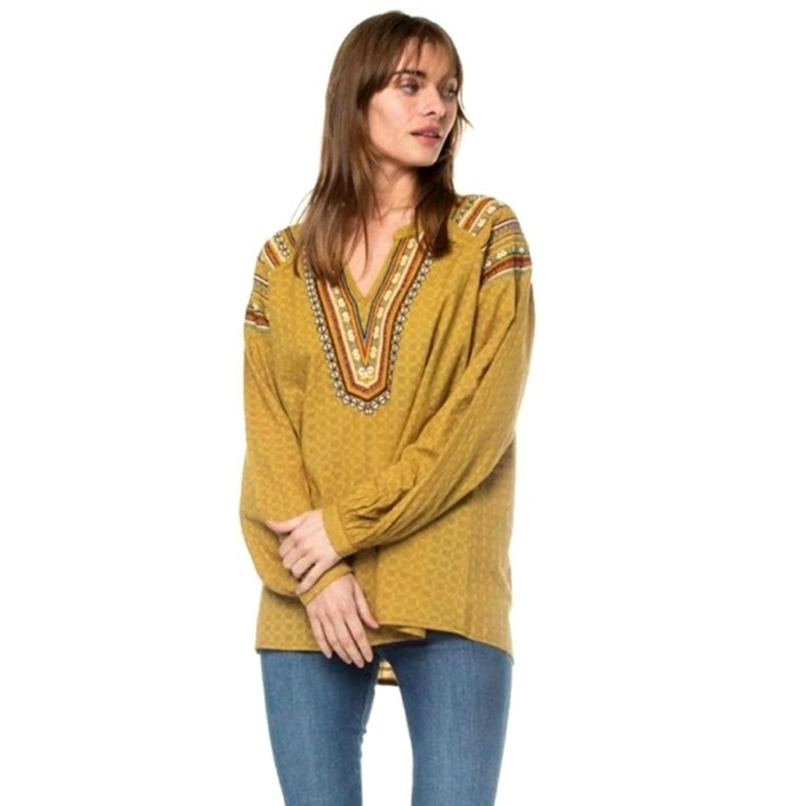 Rachel Zoe Shirt Women XS Mustard Yellow Embroidered Blouse Boho Festival
