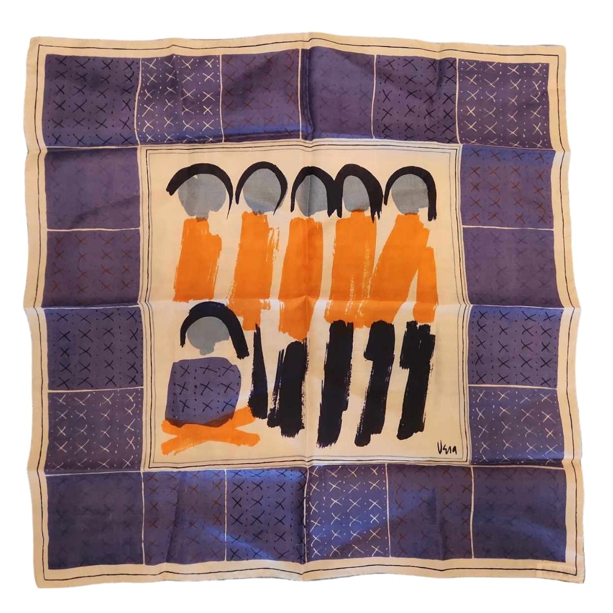 Vintage Vera Neumann Signed Small Silk Square Blue Orange White PEOPLE Scarf EUC