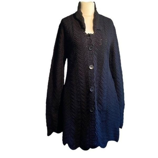 Charles Nolan New York Black Vintage Boho Crochet Button Down Coat Size L New