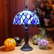 Blue Pedestal Tiffany Style Stained Glass Table Lamp w/ Satin Bronze Finish Base