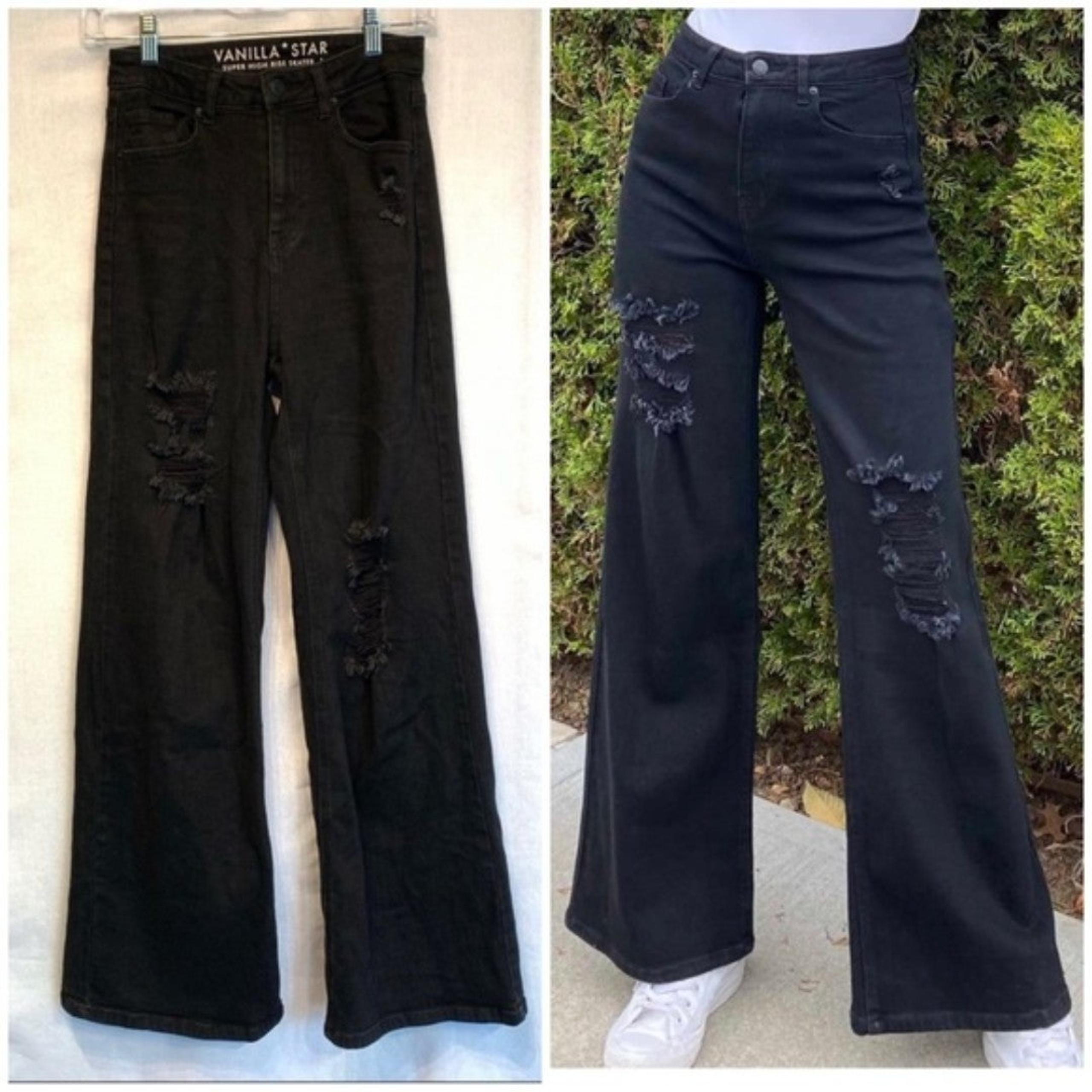 Vanilla Star Hilary Wide leg distressed Black Jeans Size 1 High Rise Flared