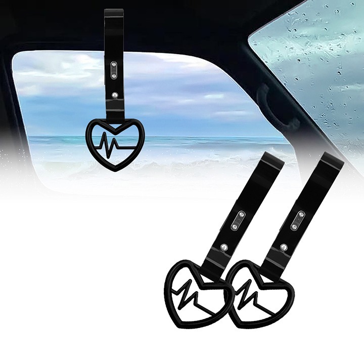 NEW 2PCS Heartbeats Shaped Black JDM TSURIKAWA Handle Black Strap Charm Drift