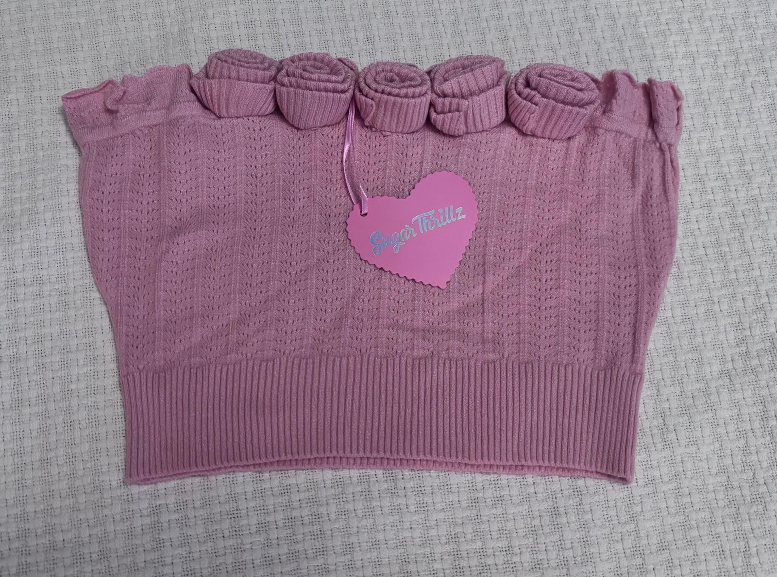 Dolls Kill Sugar Thrillz Pink 3D Rose Pointelle Knit Tube Top Size Medium NWT