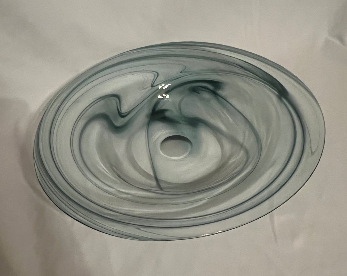 Studio Art Glass Blown Glass 13.75” Fruit Bowl With Green Swirl Design Art Deco