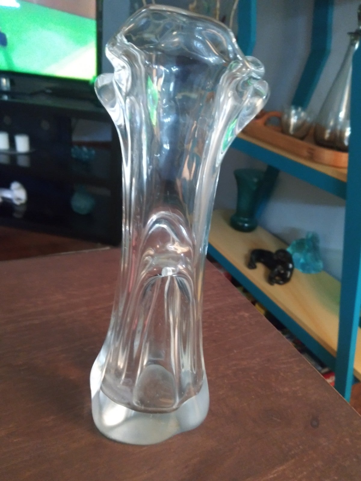 Vintage Mcm Unmarked Murano Clear Glass Swung Art Vase Very Heavy & Thick OBO