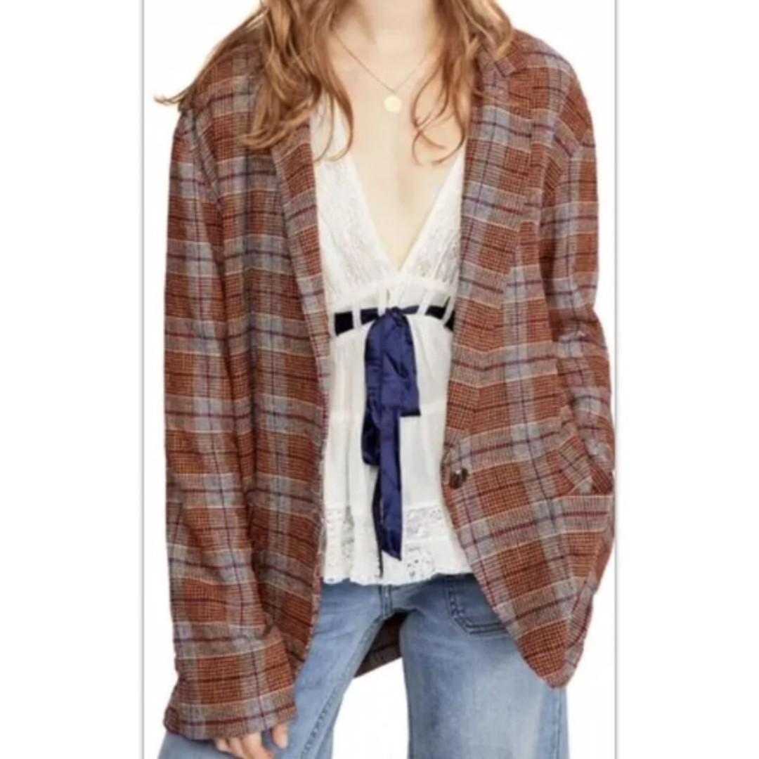 FREE PEOPLE Simply Plaid Linen / Viscose Blend Blazer Size M