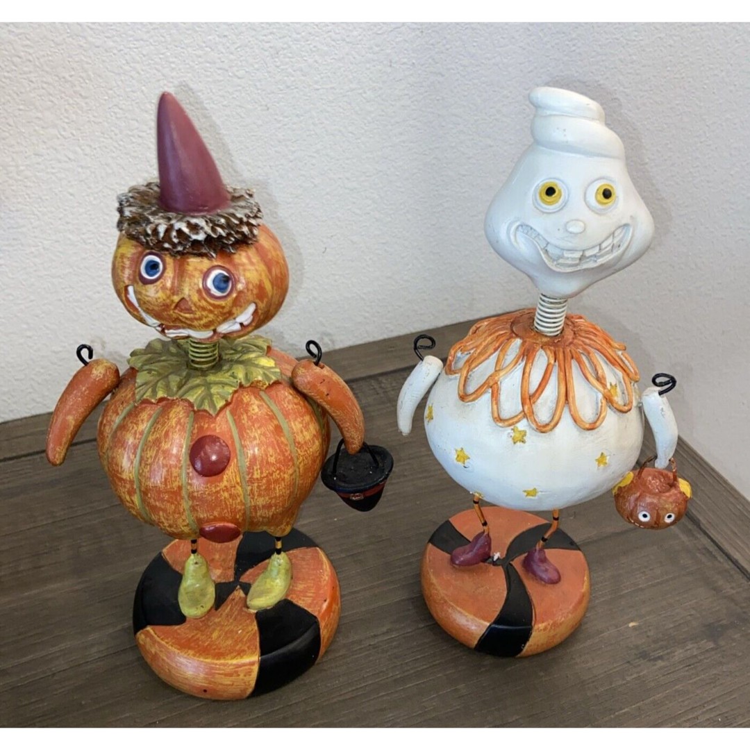HALLOWEEN GHOST & PUMPKIN NODDER~Bobble Head Decoration Set of two