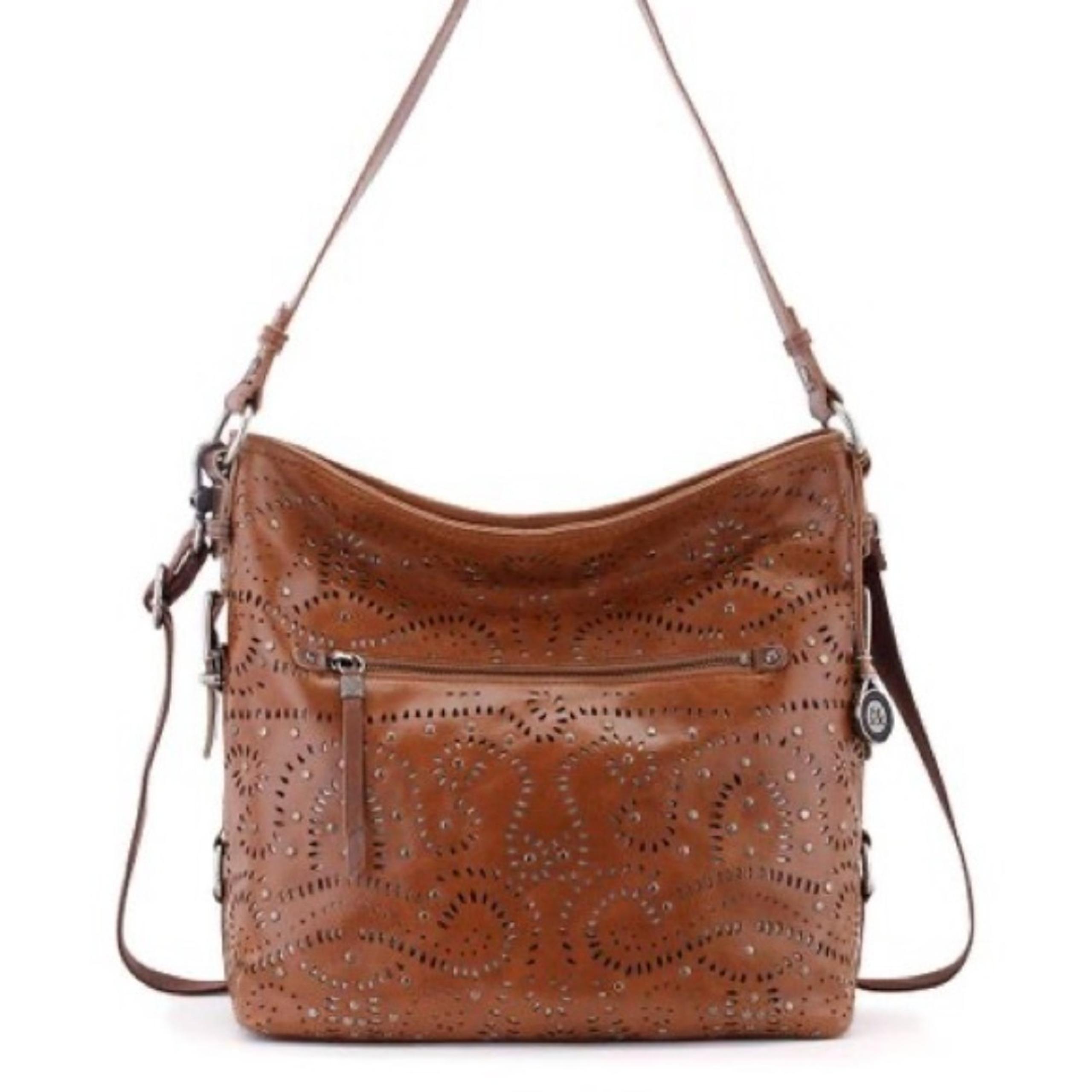 Leather Tobacco Swirl Sanibel Bucket Bag Brown Medium Size Boho Floral - The Sak