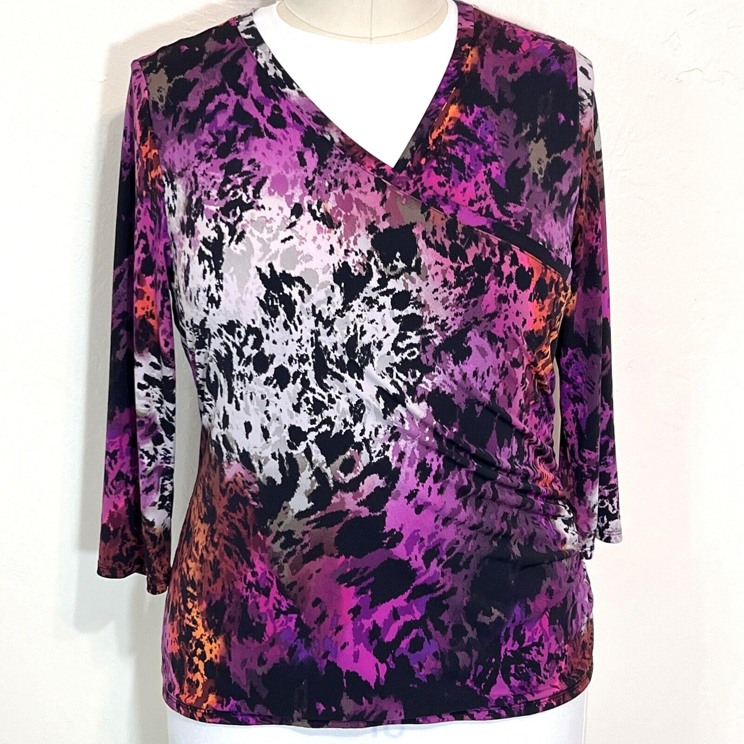 Premise - Women's XL Blouse Wrap Front Purple Black Abstract Print Long Sleeve V