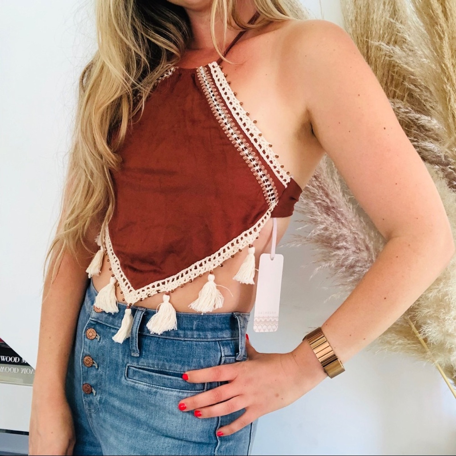 NEW ALE ALESSANDRA REVOLVE Ever Suede Tassel Crochet Crop Bikini Top Shirt M