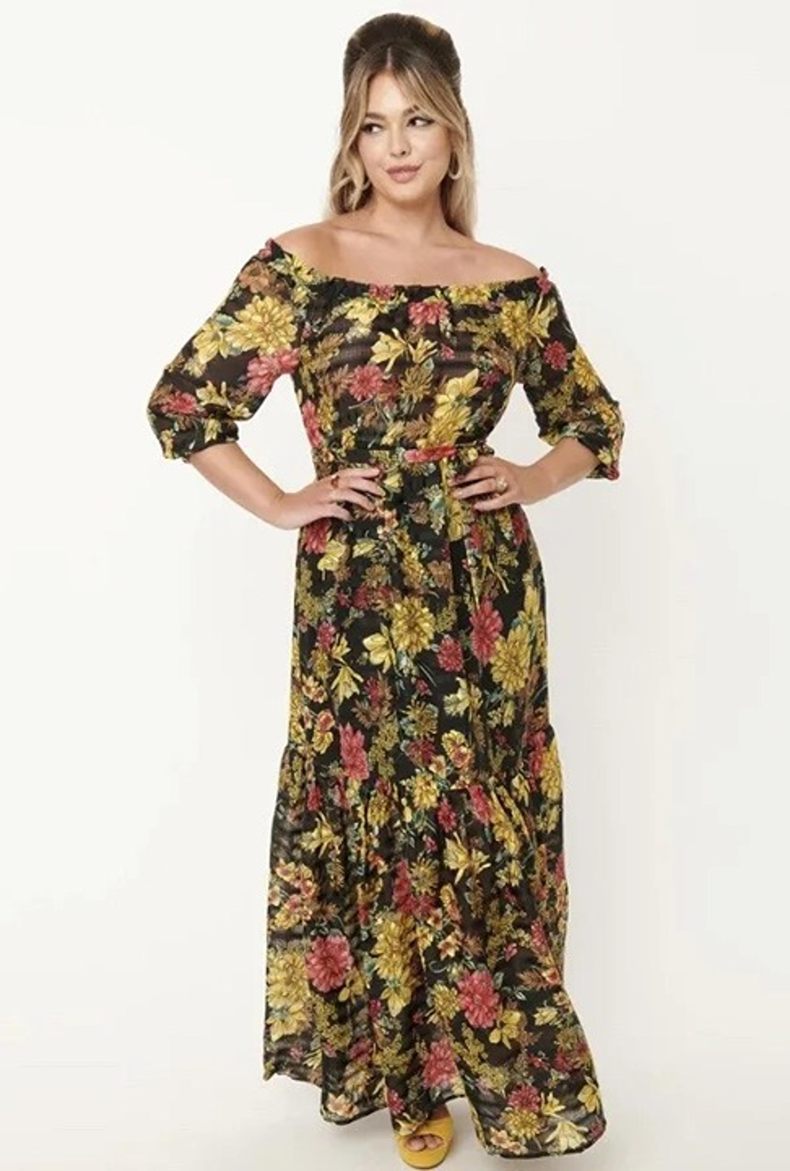 NWT Unique Vintage Sweet Escape Maxi Dress Black Yellow Floral XS
