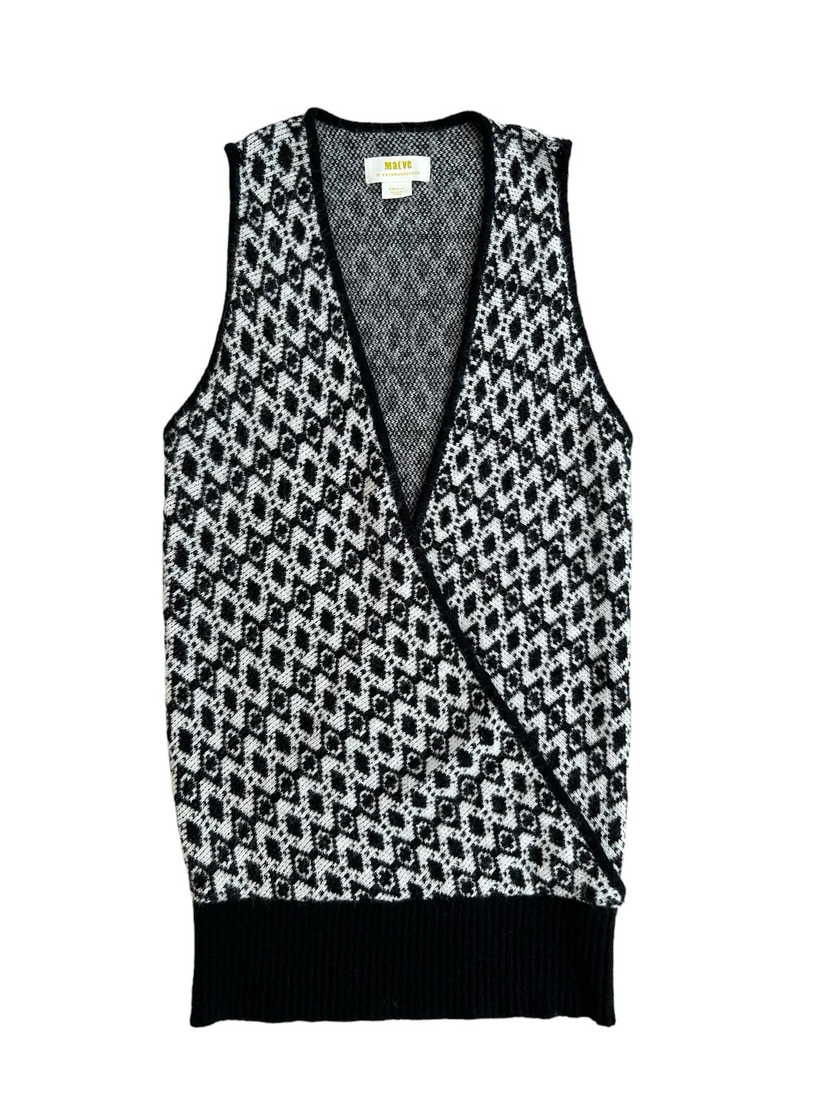 Maeve Anthropologie Sweater Vest Black White Faux Wrap Cottagecore Academia - S