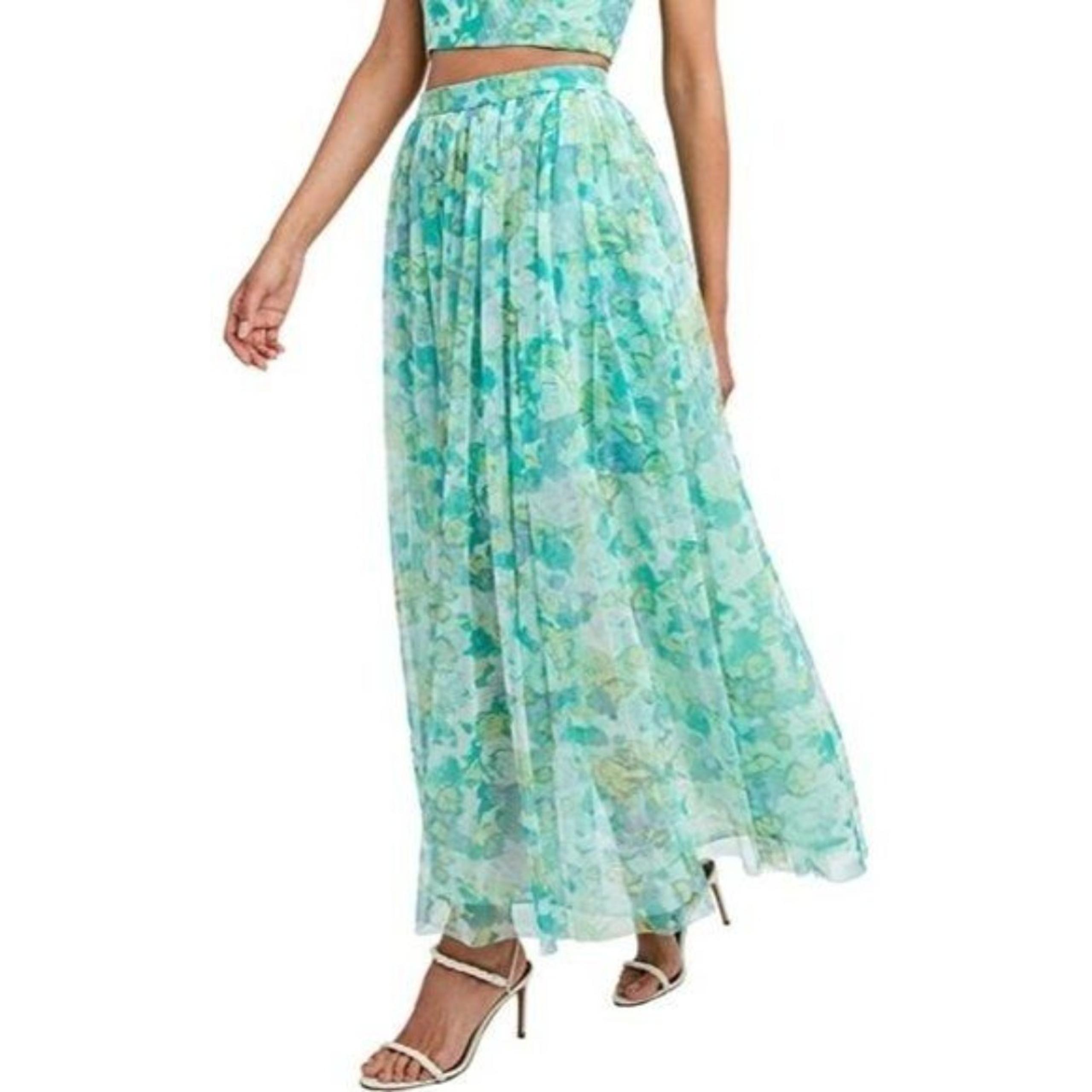 BCBGMaxAzria Aqua Blue Multi Colette Floral Pleated Maxi Skirt S