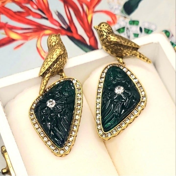 Vintage Monet Palace Baroque Bird Crystal Embellished Drop Earrings