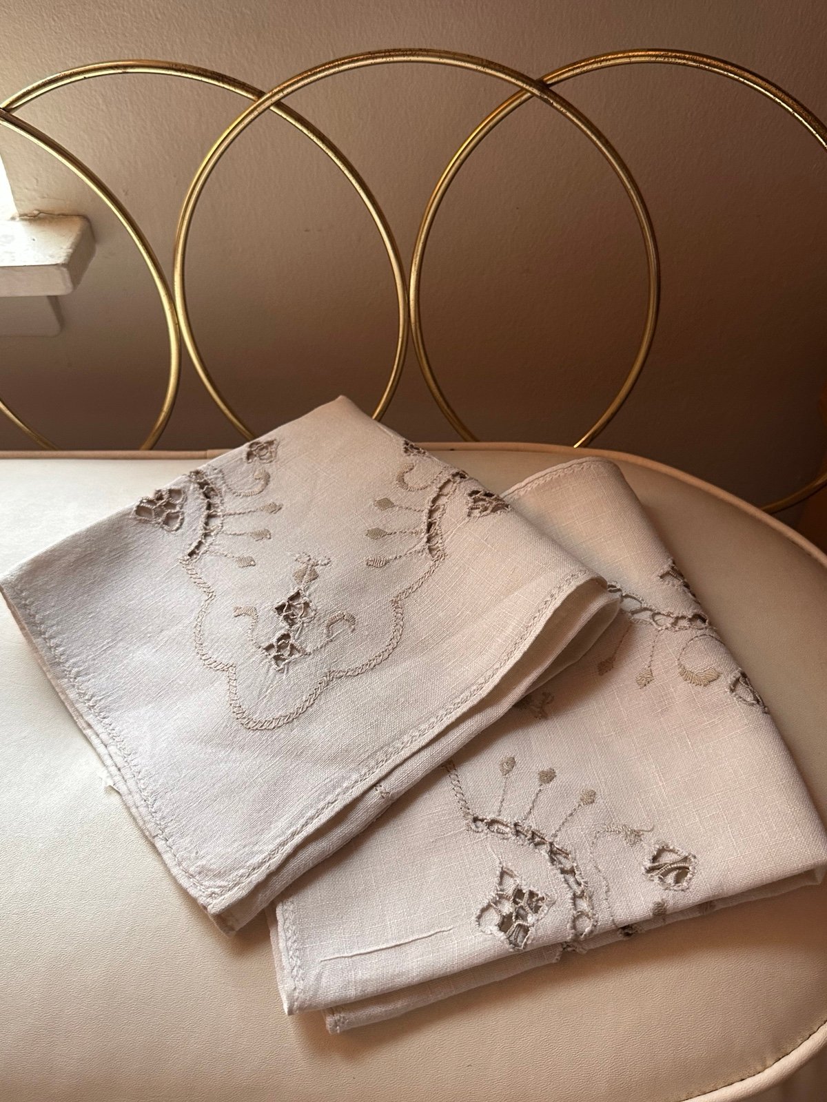 Set of 2 Vintage White Linen Embroidered Rectangular runner