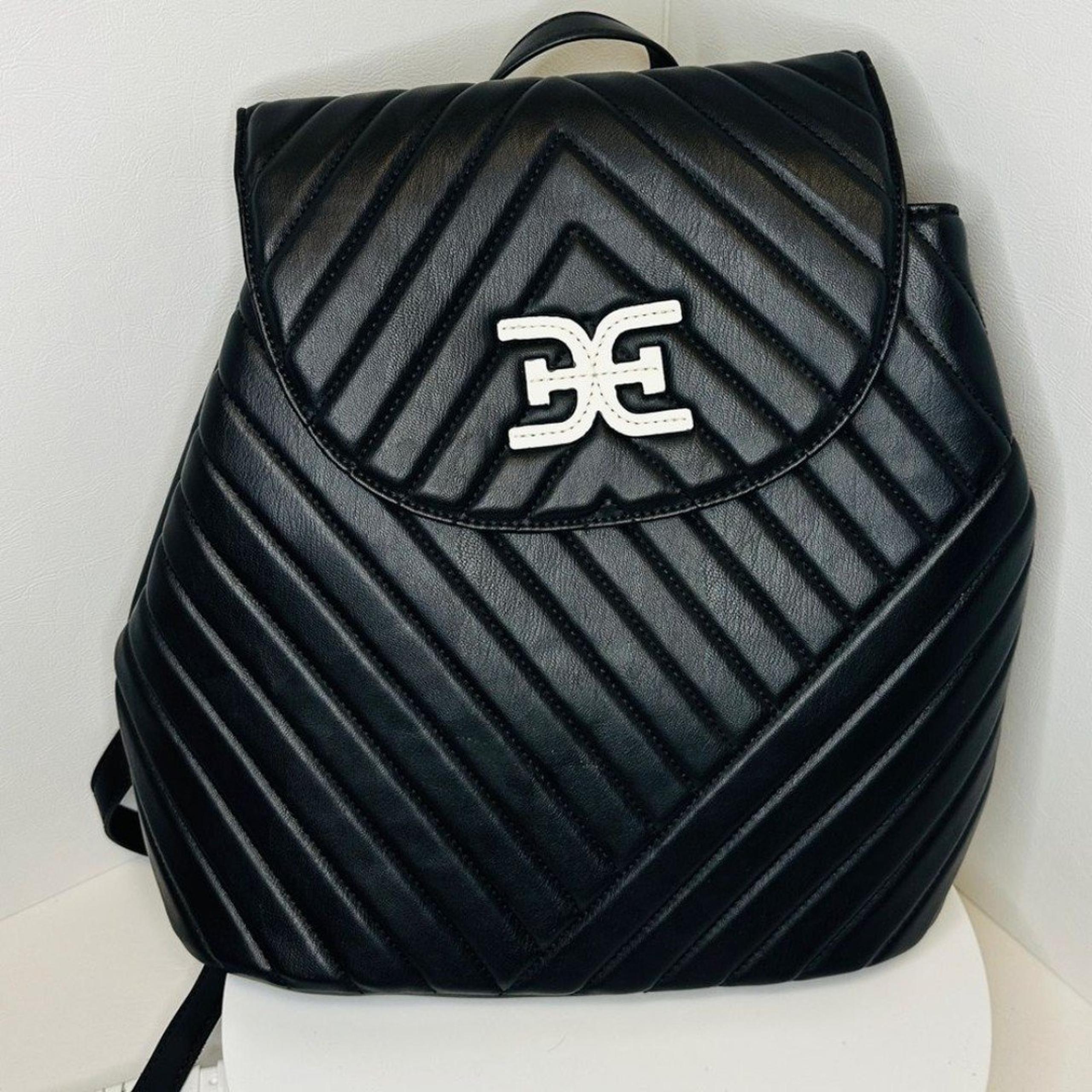 SAM EDELMAN Black and White Martha Chevron Quilted Flap Backpack Purse Bag