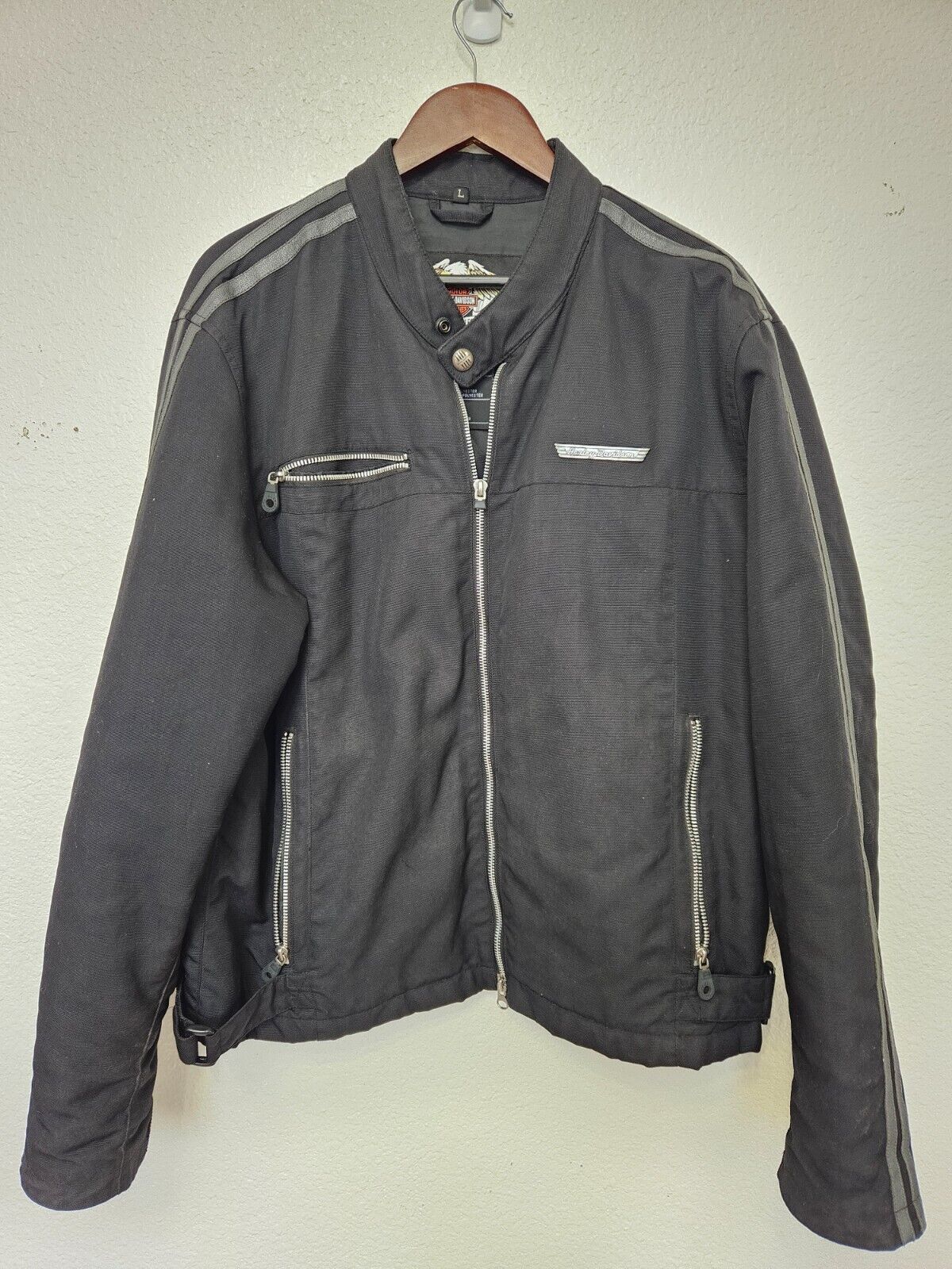 Harley Davidson Clothes Black Jacket Large Adjustable Sides Logo Fully Lined !