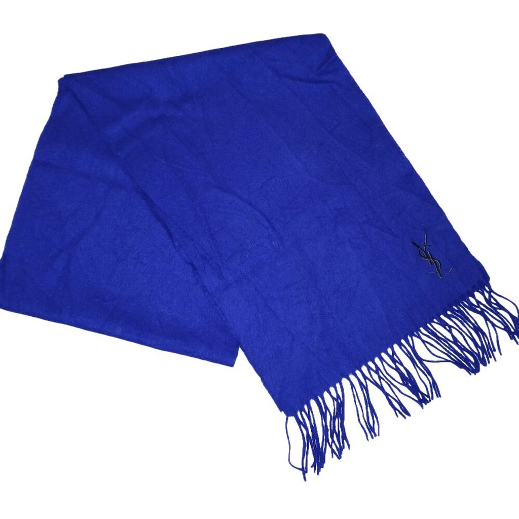 Yves Saint Laurent YSL Royal Blue Embroidered Wool Fringed Scarf Pre-Owned