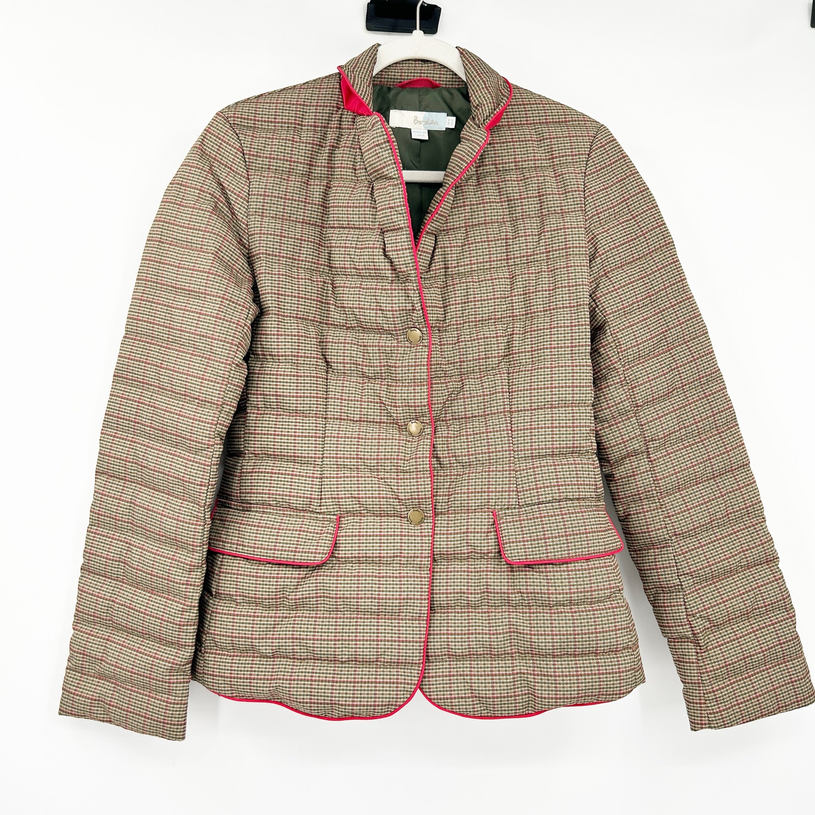Boden Womens Winter Plaid Houndstooth Snap Feather Down Puffer Jacket Size 4