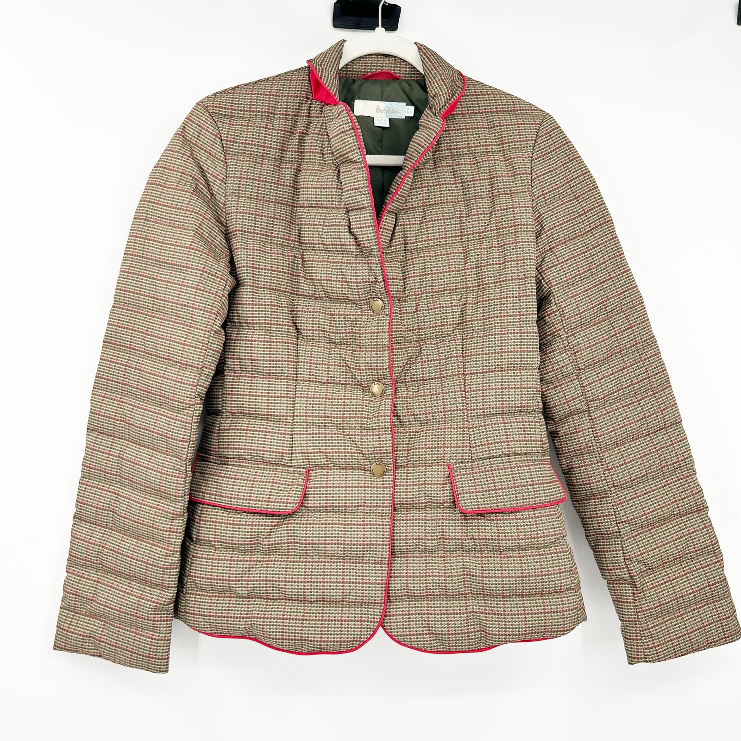 Boden Womens Winter Plaid Houndstooth Snap Feather Down Puffer Jacket Size 4